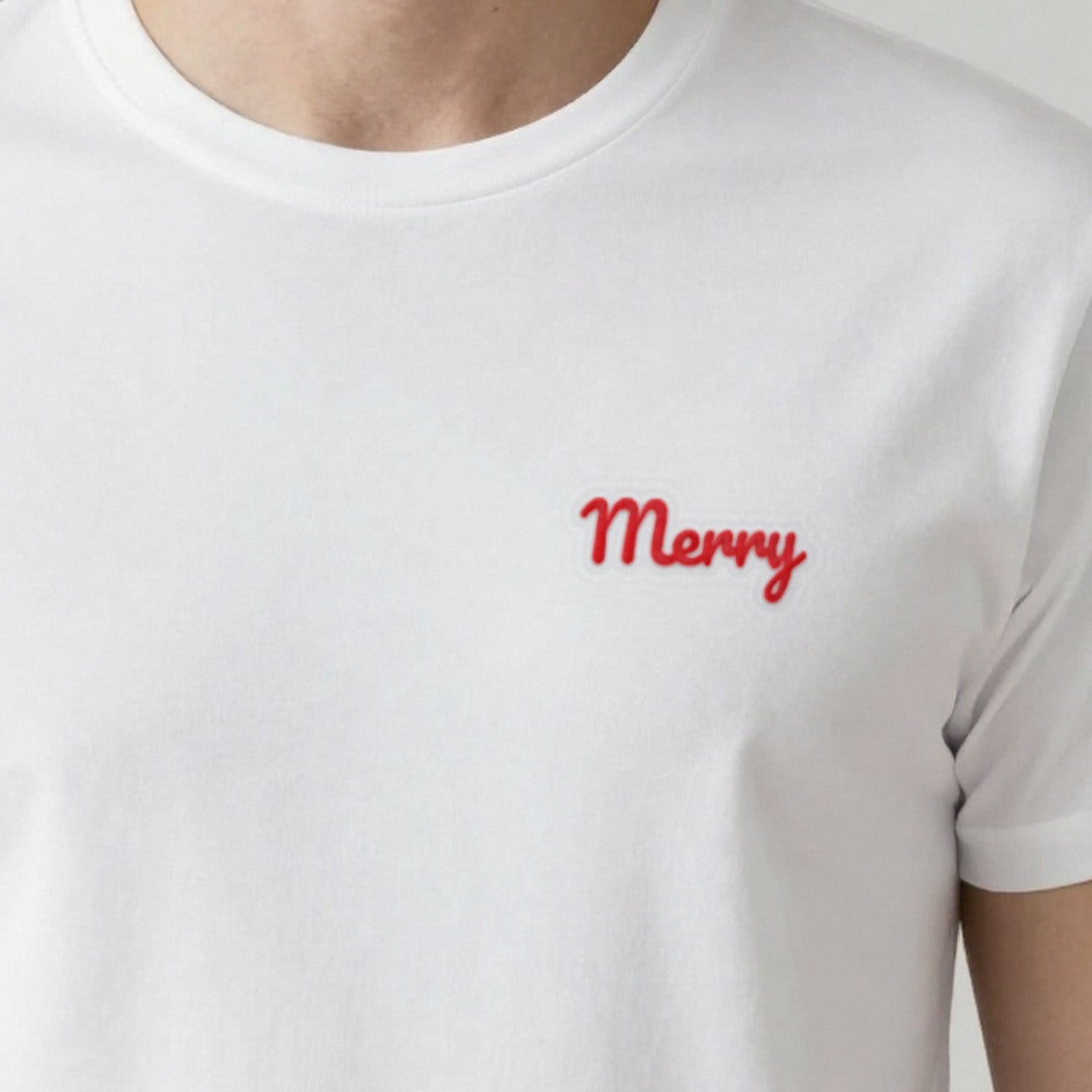 Embroidered Christmas Jumper, Merry, adult t-shirt in white, embroidered