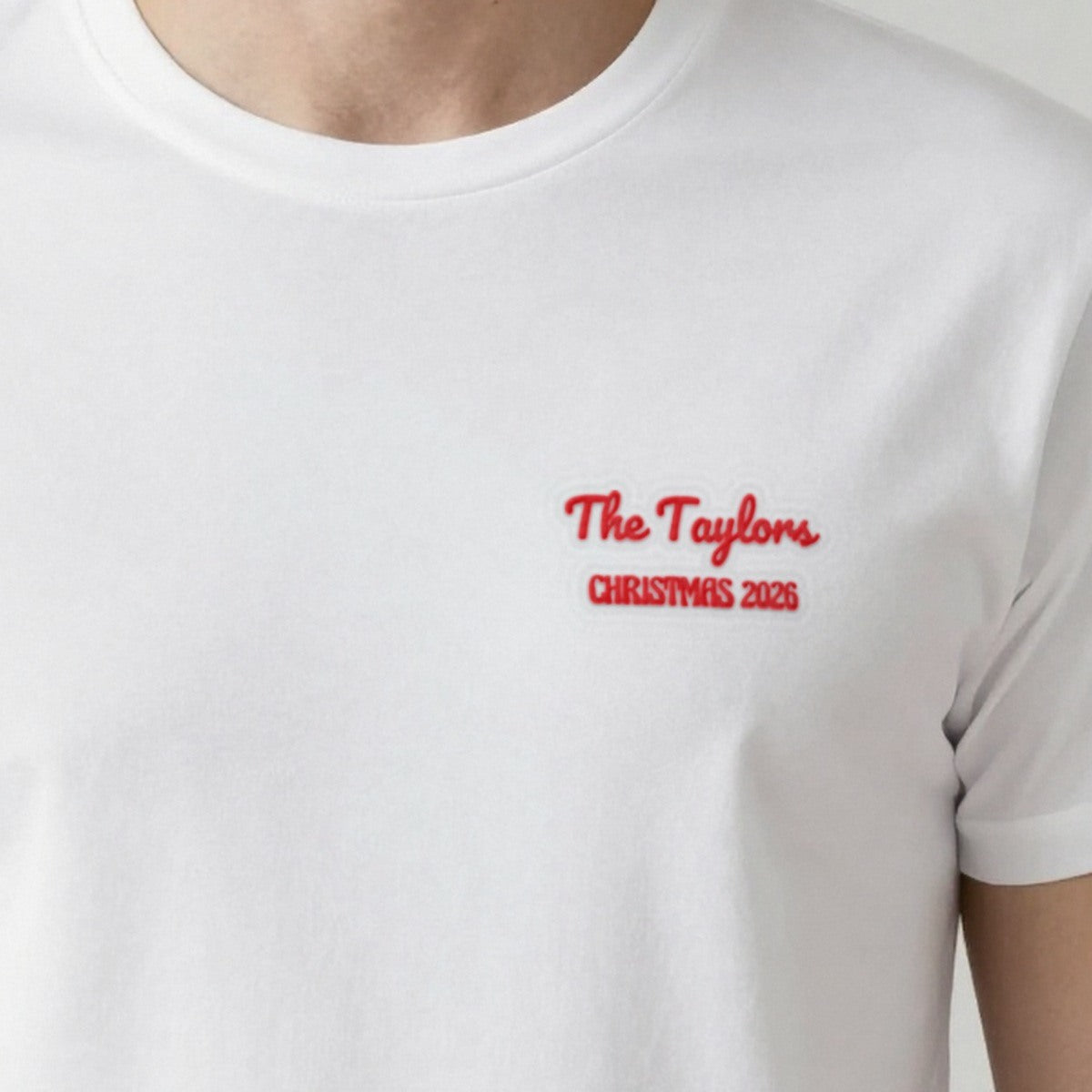 Family Name Christmas Jumper, adult t-shirt in white, embroidered