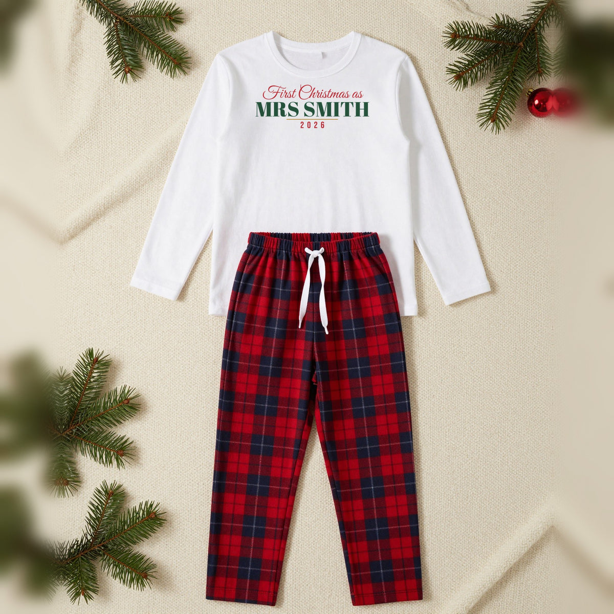First Christmas As Mrs Personalised Matching Couples Christmas Pyjamas Set, Ladies in White / Red Tartan, our photo