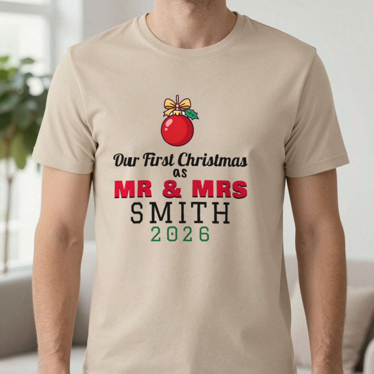 Personalised Our First Christmas As Mr & Mrs Jumper & T-Shirt T-Shirt in Sand, worn, our photo