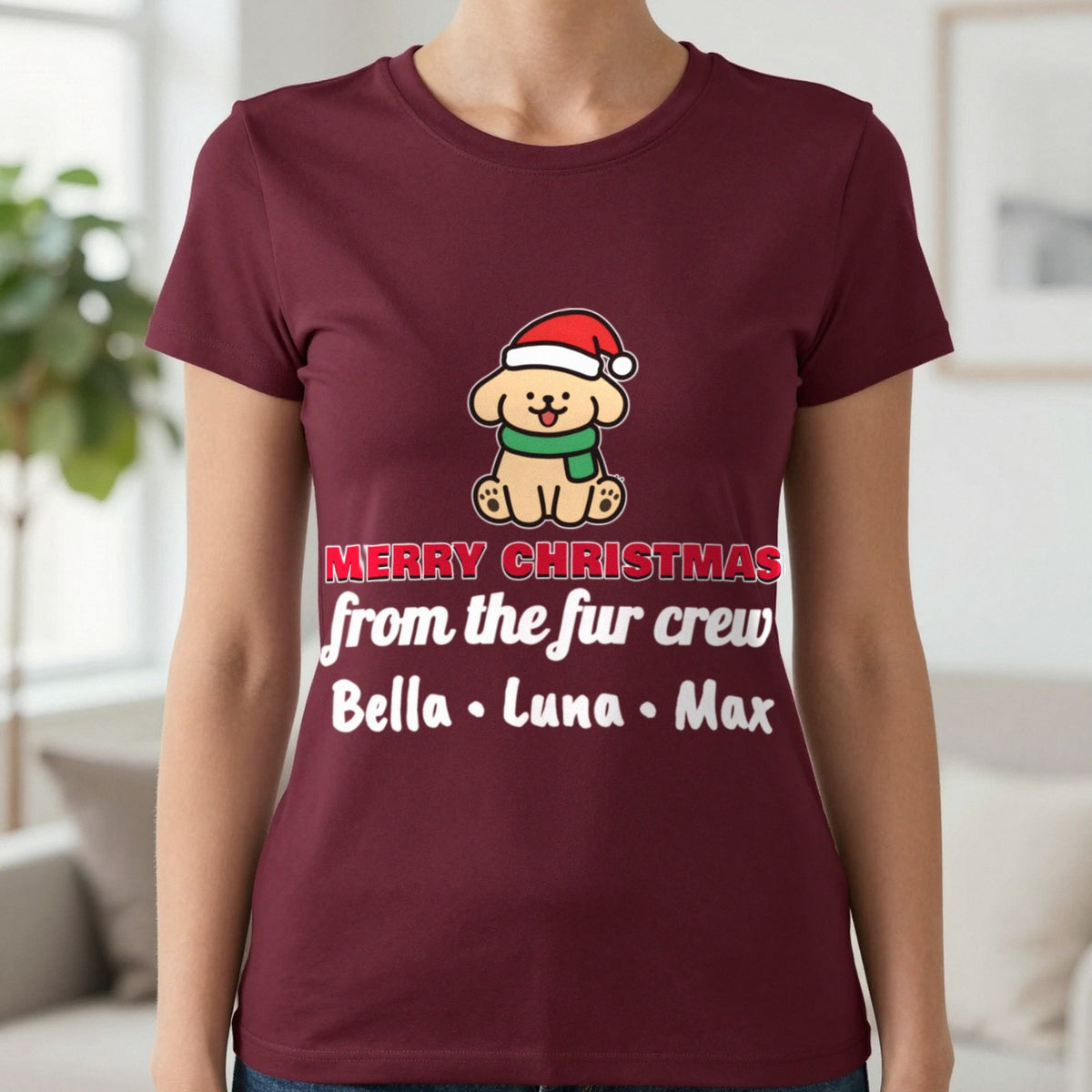 Personalised Fur Crew Christmas Jumper & T-Shirt T-Shirt in Maroon, worn, our photo