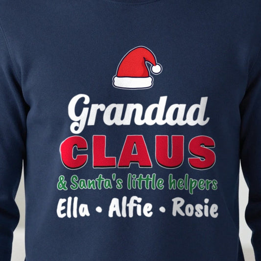 Personalised Grandad Claus Christmas Jumper With Grandkids Names print close-up, our photo
