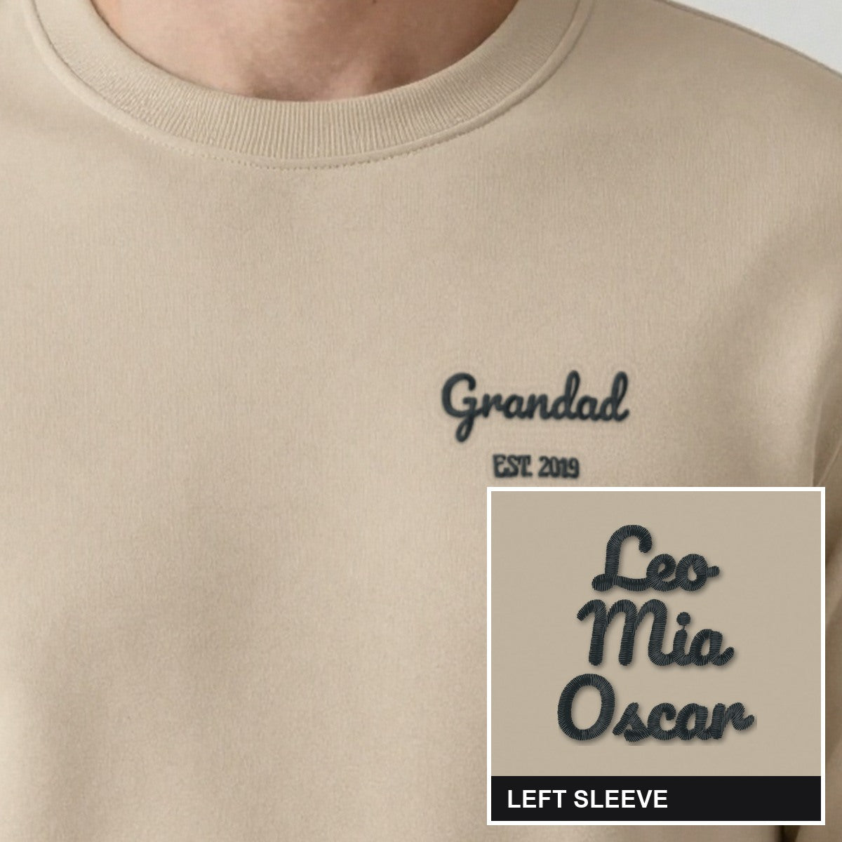 Grandad Est. Sweatshirt with Names on the Sleeve, adult sweatshirt in sand, embroidered