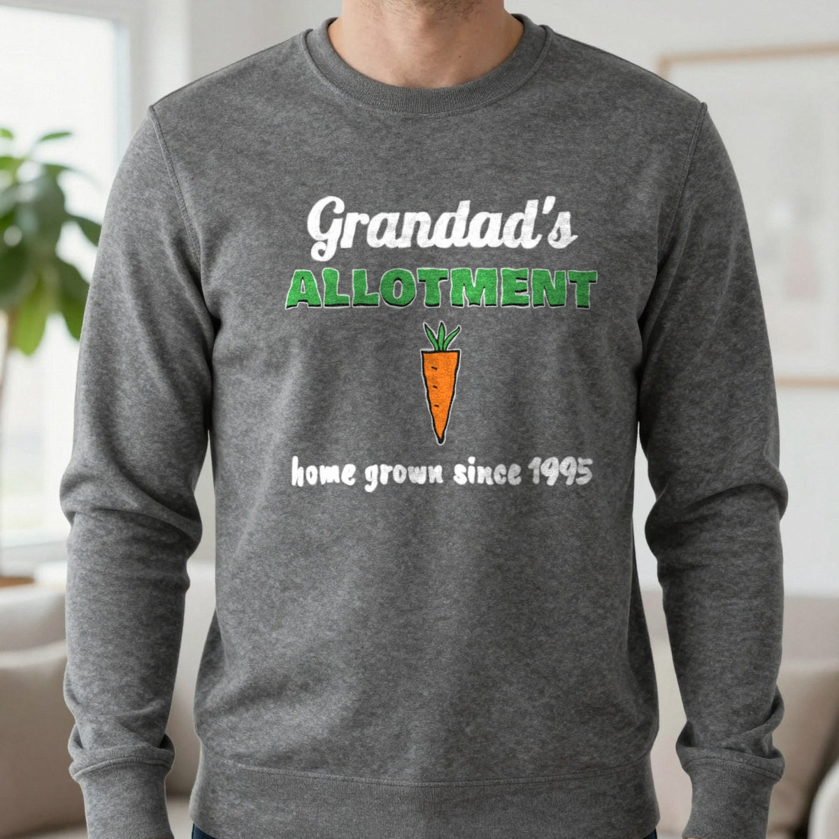 Personalised Grandad's Allotment T-Shirt & Sweatshirt Sweatshirt in Charcoal, worn, our photo