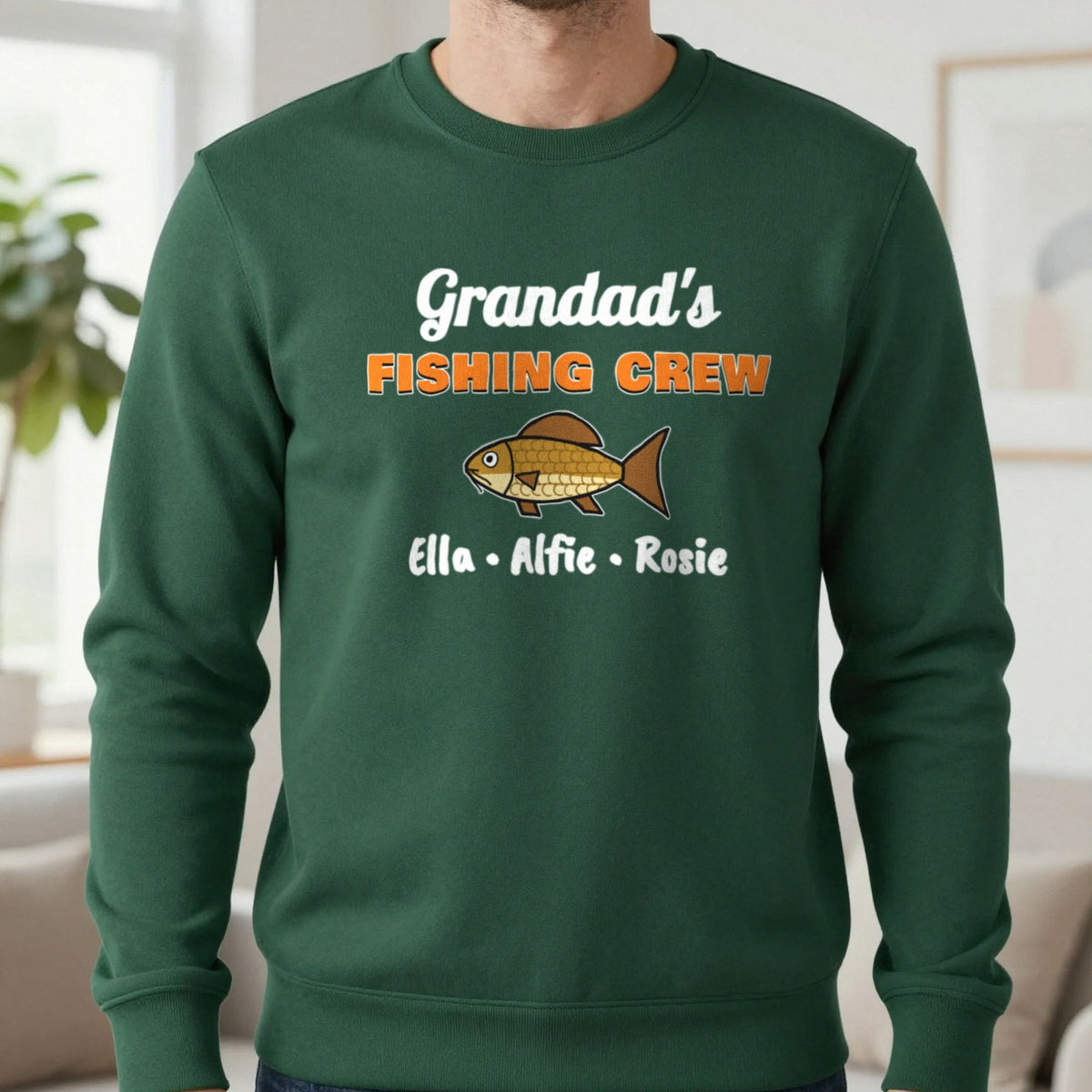 Personalised Grandad's Fishing Crew T-Shirt & Sweatshirt Sweatshirt in Forest Green, worn, our photo