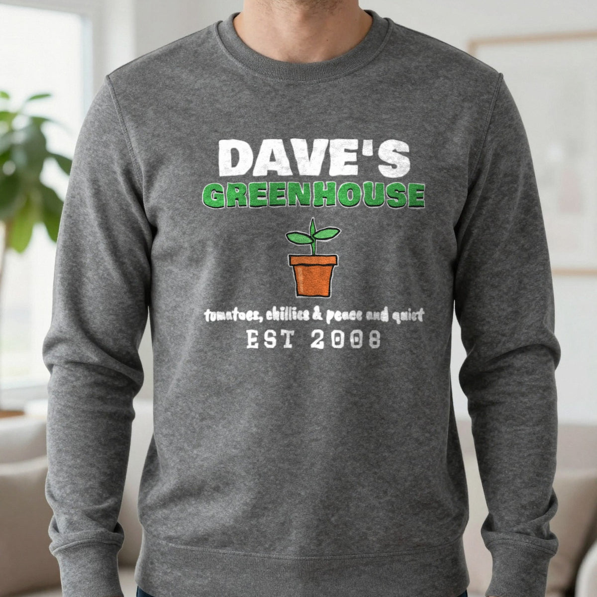 Personalised Greenhouse T-Shirt & Sweatshirt Sweatshirt in Charcoal, worn, our photo