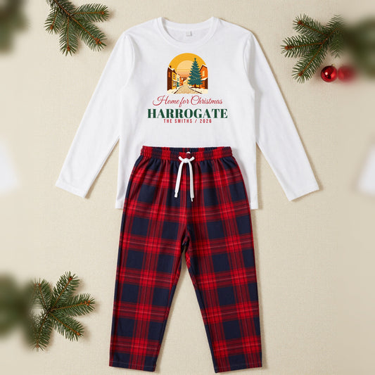 Home For Christmas Personalised Matching Family Christmas Pyjamas Set, Adult in White / Red Tartan, our photo