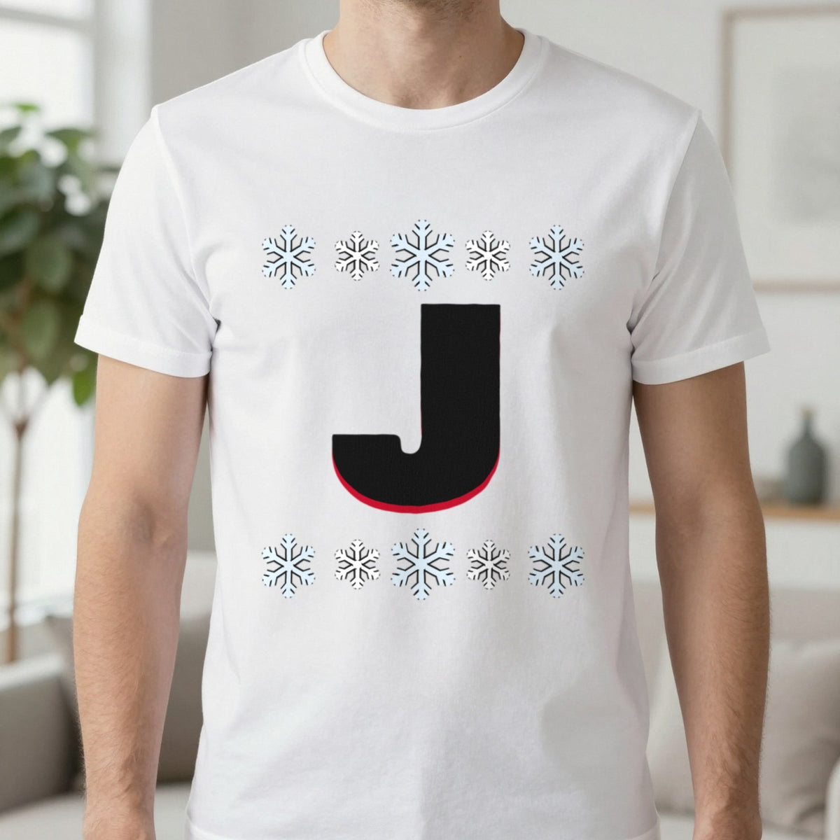 Personalised Initial Christmas Jumper T-Shirt in White, worn, our photo