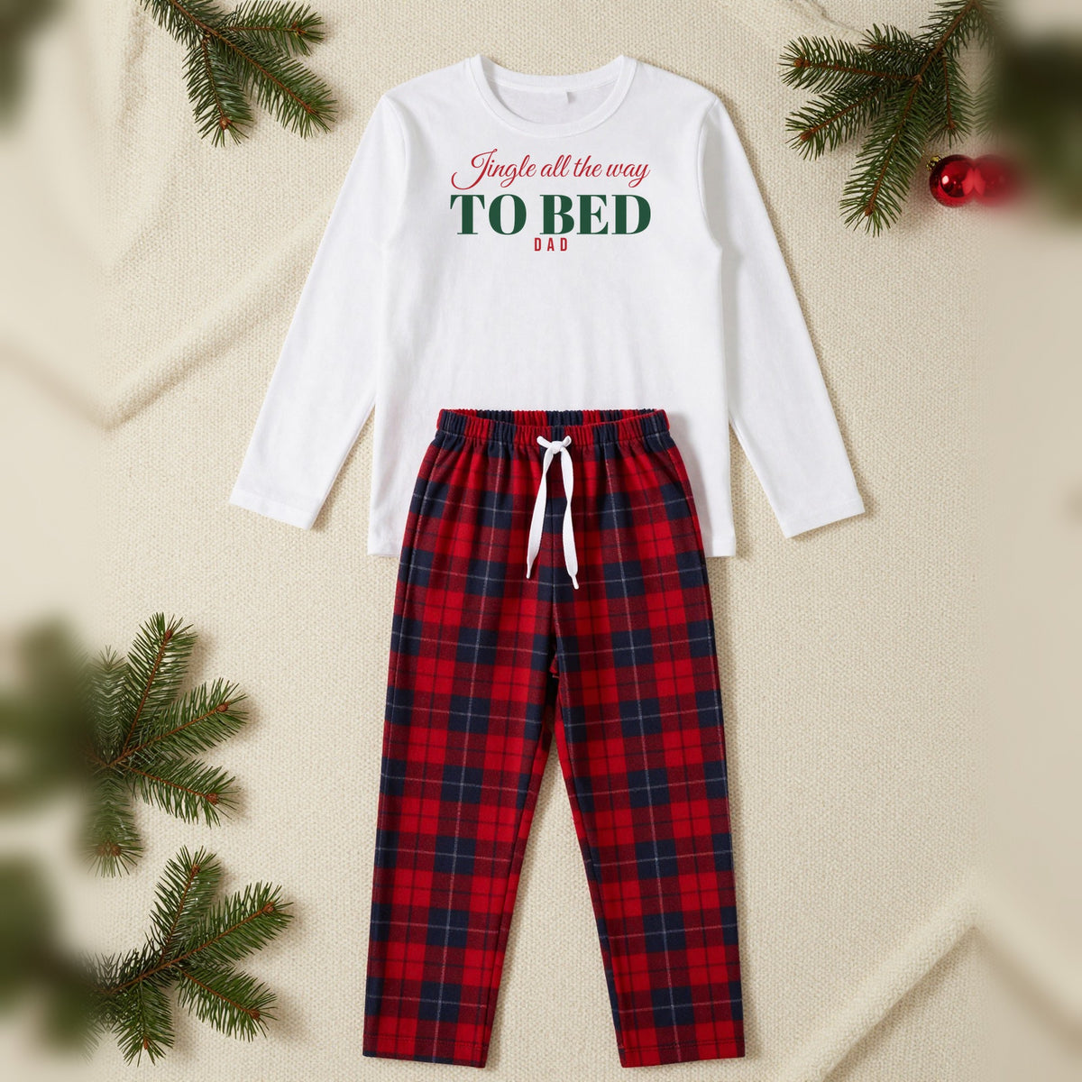 Jingle All The Way To Bed Personalised Christmas Pyjamas, Ladies in White / Red Tartan, our photo