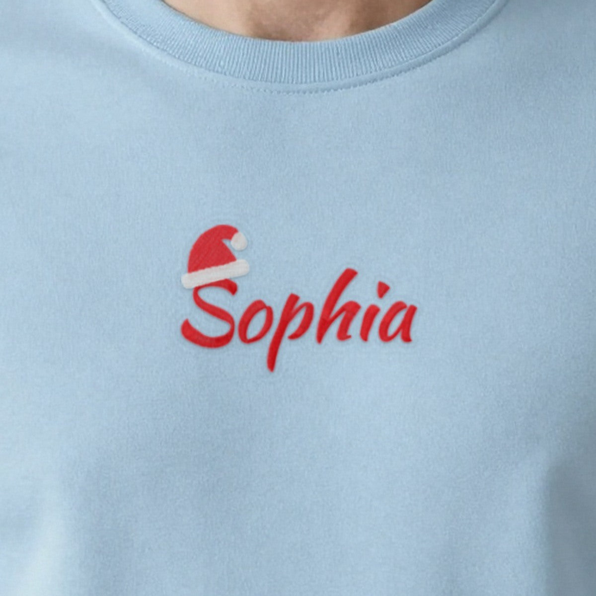Kids Christmas Jumper with Santa Hat Name, adult sweatshirt in light blue, embroidered