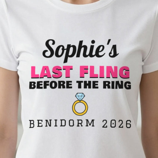 Personalised Last Fling Before The Ring T-Shirt print close-up, our photo