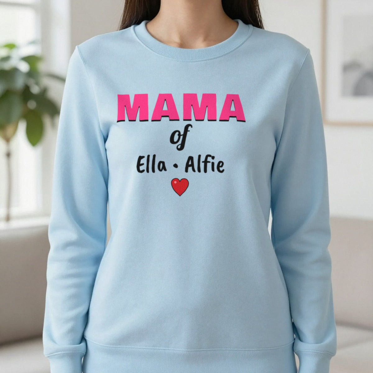 Personalised Mama Of T-Shirt With Kids Names Sweatshirt in Light Blue, worn, our photo