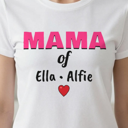Personalised Mama Of T-Shirt With Kids Names print close-up, our photo