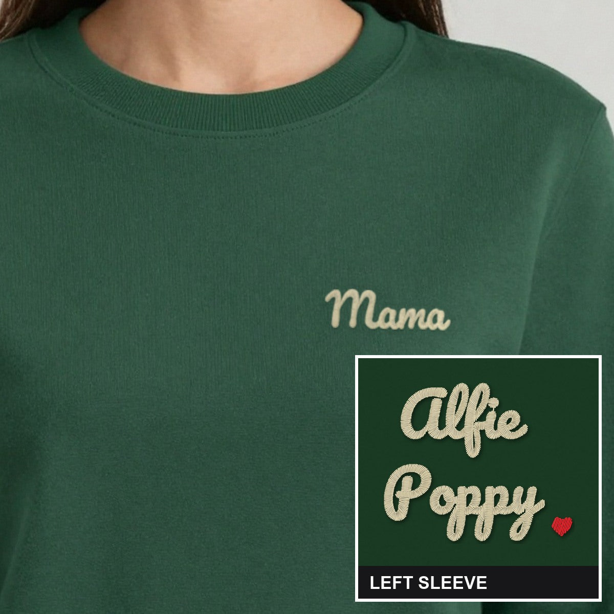 Mama Sweatshirt with Kids Names on the Sleeve, adult sweatshirt in forest green, embroidered