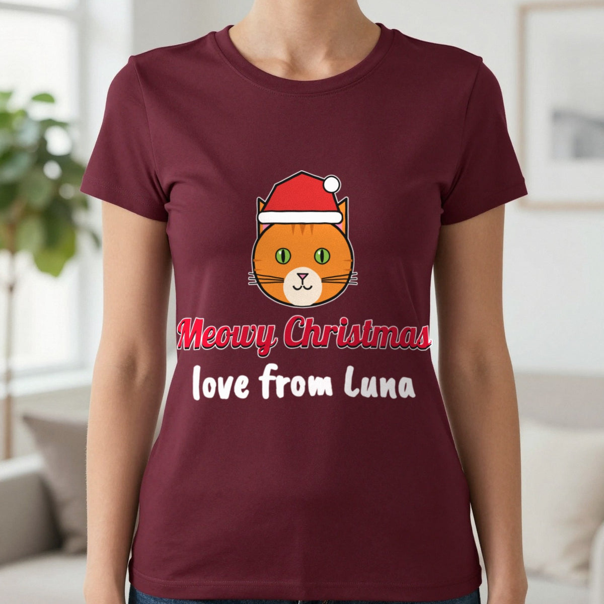 Personalised Meowy Christmas Jumper & T-Shirt T-Shirt in Maroon, worn, our photo