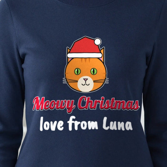 Personalised Meowy Christmas Jumper & T-Shirt print close-up, our photo