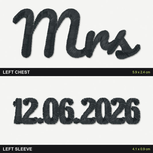Mrs Sweatshirt with Wedding Date on the Sleeve: close-up of the real stitches with sizes