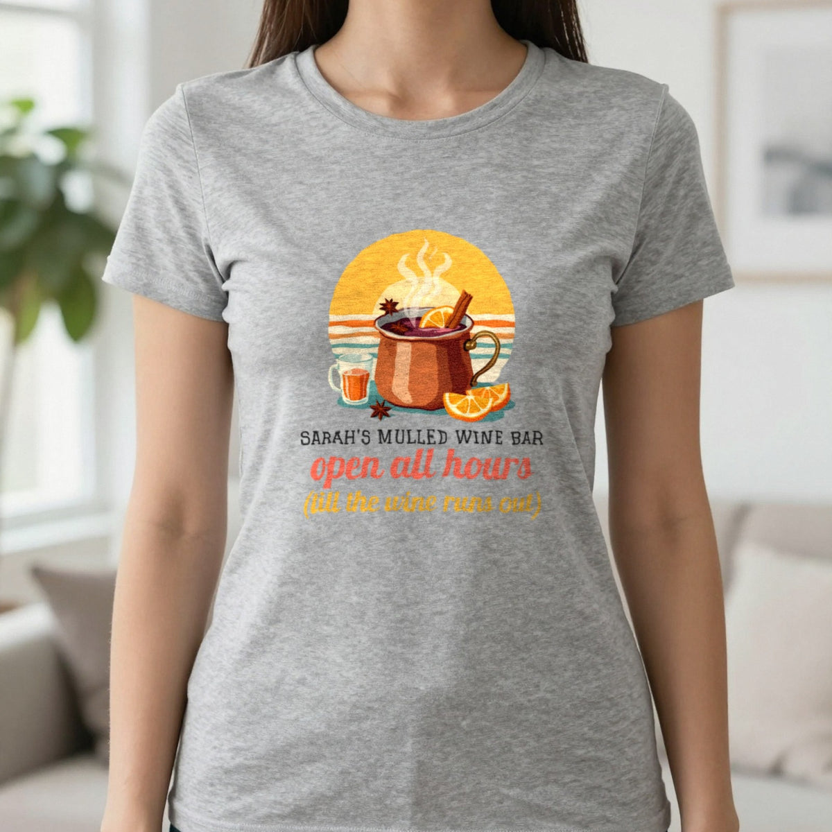 Personalised Mulled Wine Bar Christmas Jumper & T-Shirt T-Shirt in Sport Grey, worn, our photo
