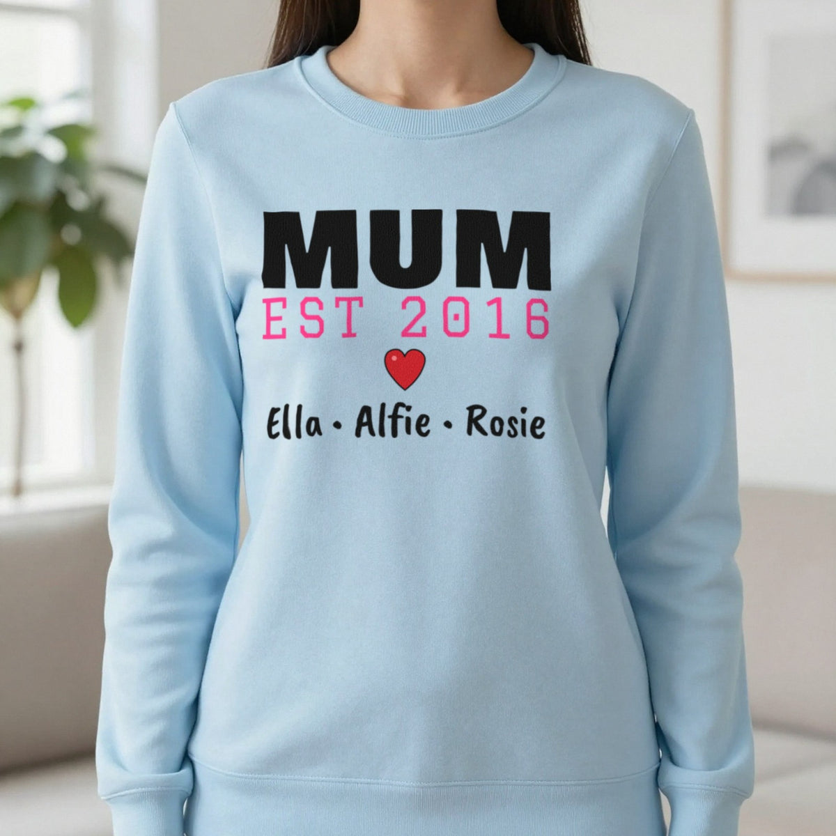 Personalised Mum Est. T-Shirt With Kids Names Sweatshirt in Light Blue, worn, our photo