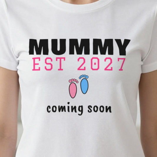 Personalised Mummy Est. 2027 T-Shirt print close-up, our photo