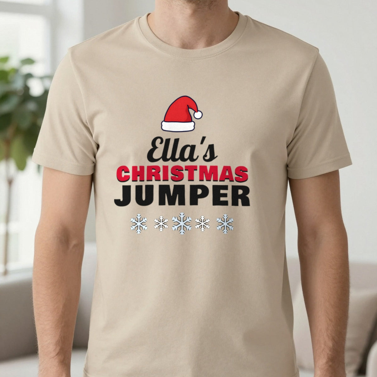 Personalised Name's Christmas Jumper T-Shirt in Sand, worn, our photo