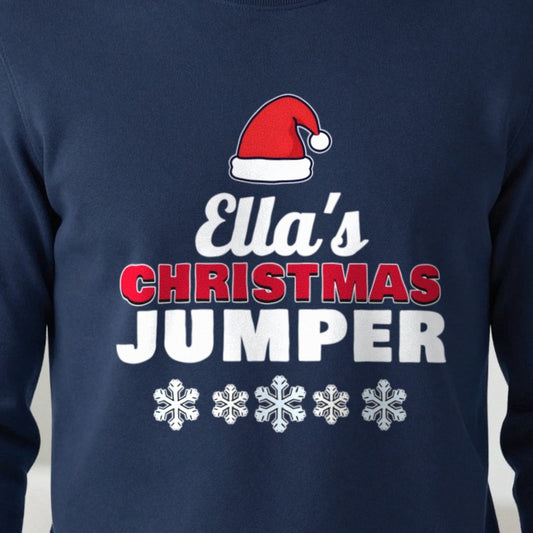 Personalised Name's Christmas Jumper print close-up, our photo
