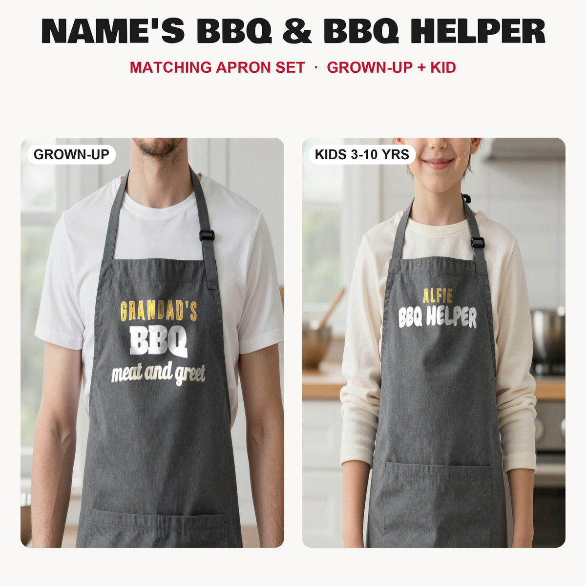 Name's BBQ & BBQ Helper matching apron set in Dark Grey: grown-up and kids aprons, our photo