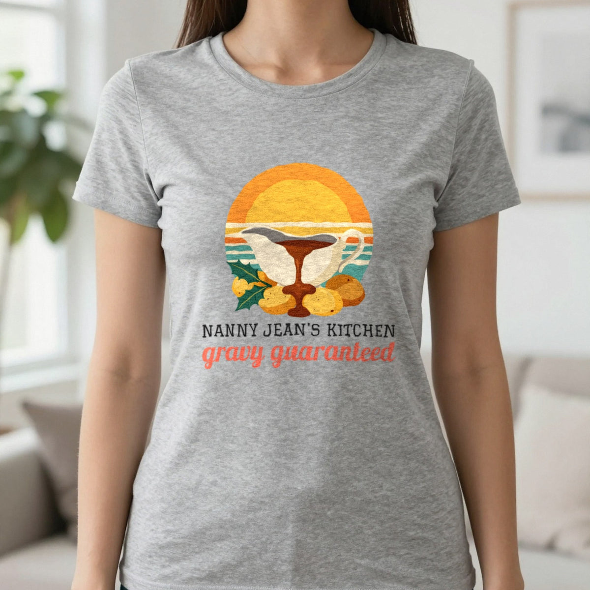 Personalised Nanny Christmas Kitchen Christmas Jumper & T-Shirt T-Shirt in Sport Grey, worn, our photo