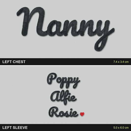 Nanny Sweatshirt with Grandkids Names on the Sleeve: close-up of the real stitches with sizes