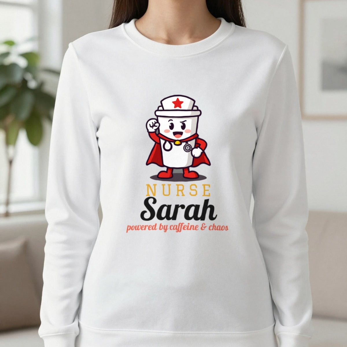 Personalised Nurse T-Shirt & Sweatshirt Sweatshirt in White, worn, our photo