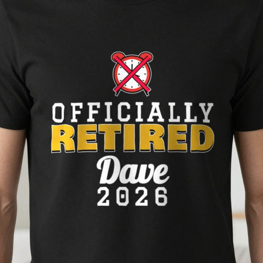 Personalised Officially Retired T-Shirt print close-up, our photo