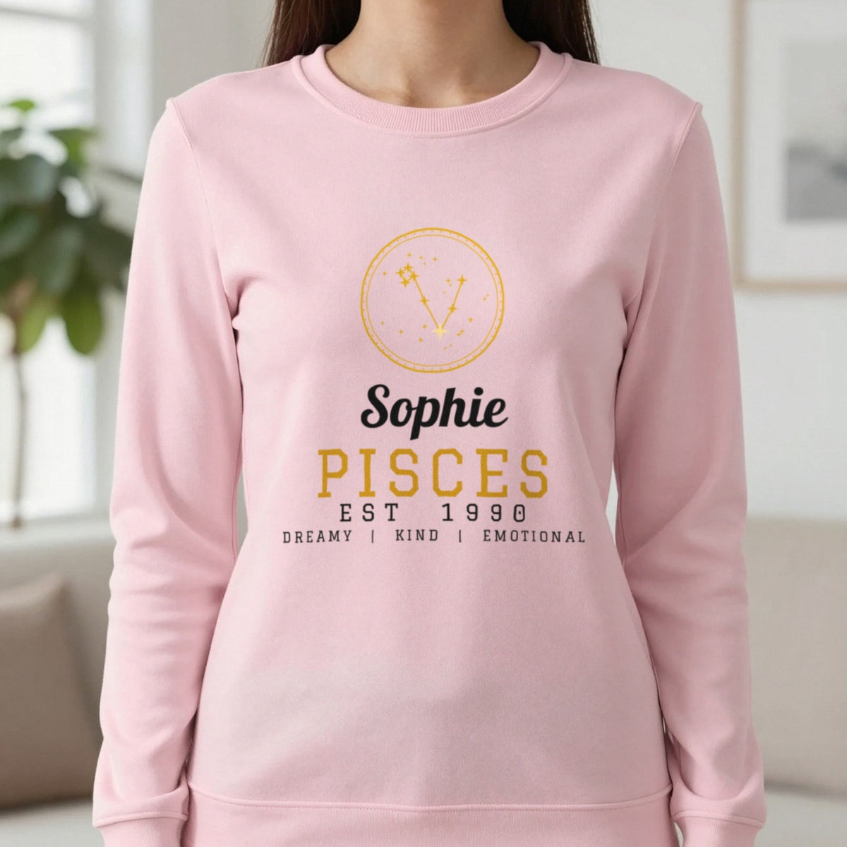 Personalised Pisces T-Shirt & Sweatshirt Sweatshirt in Light Pink, worn, our photo