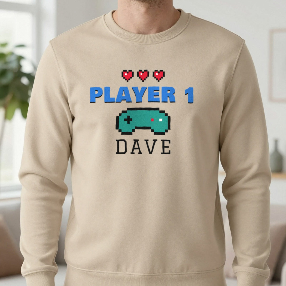 Personalised Player 1 T-Shirt & Sweatshirt Sweatshirt in Sand, worn, our photo