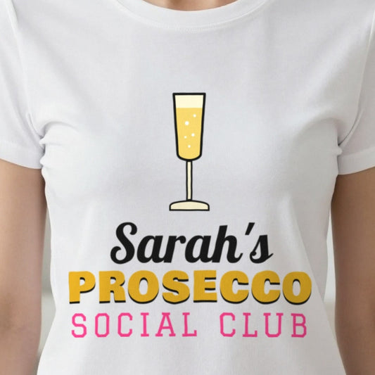 Personalised Prosecco Social Club T-Shirt & Sweatshirt print close-up, our photo