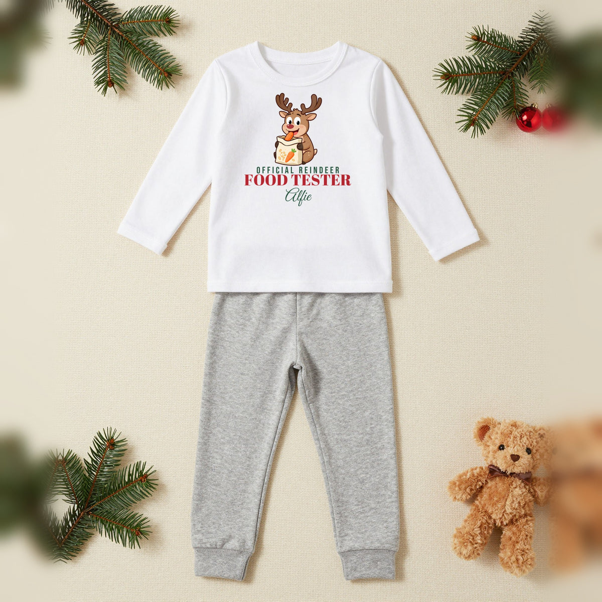 Reindeer Food Tester Personalised Kids Christmas Pyjamas, Kids in White / Grey, our photo
