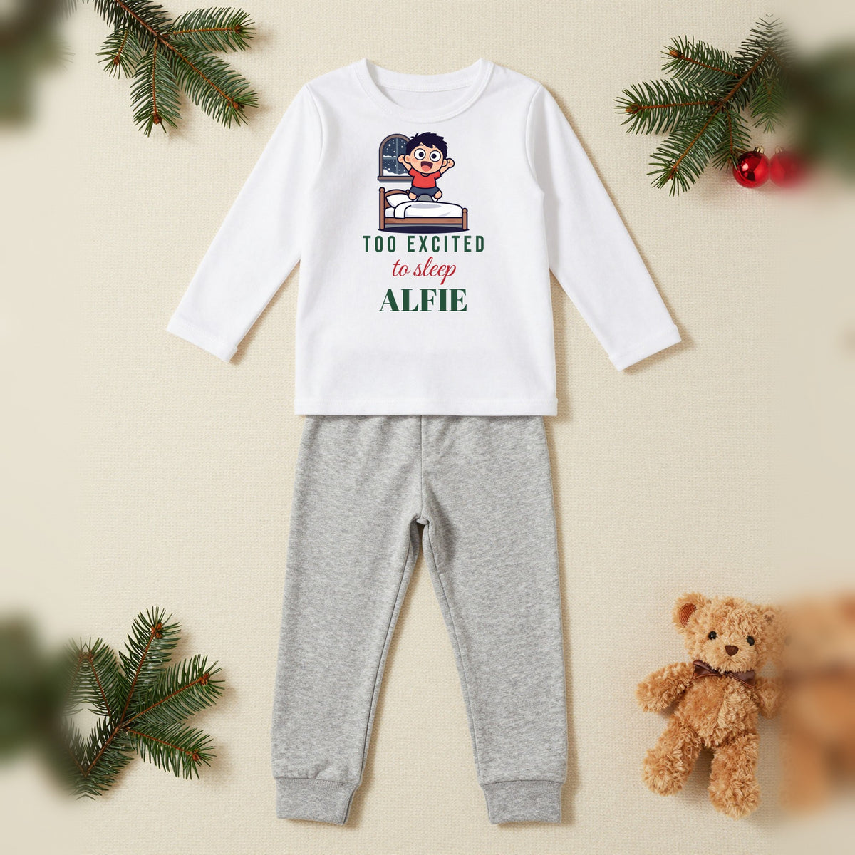 Too Excited To Sleep Personalised Kids Christmas Pyjamas, Kids in White / Grey, our photo
