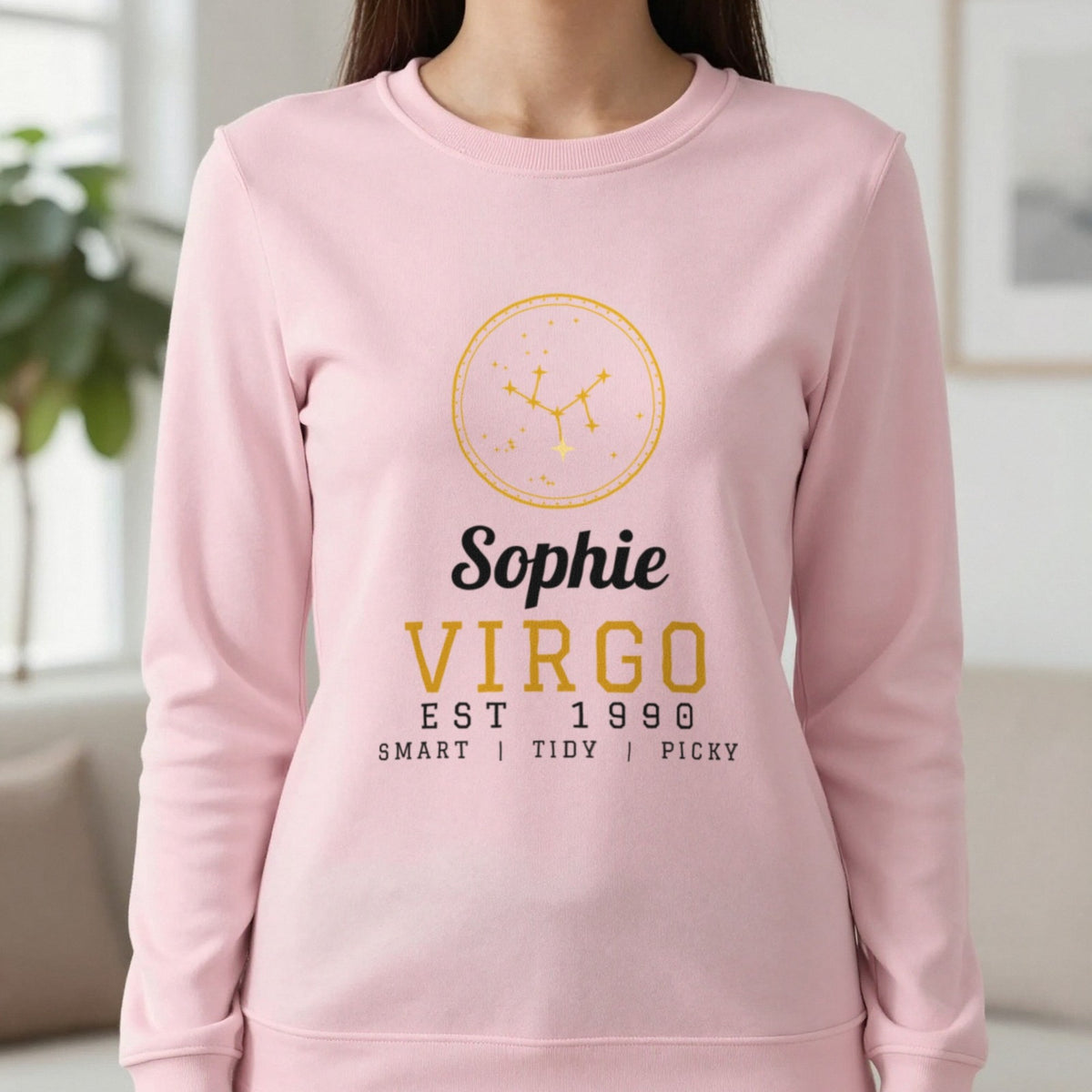 Personalised Virgo T-Shirt & Sweatshirt Sweatshirt in Light Pink, worn, our photo