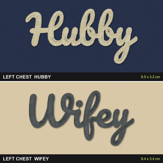Wifey and Hubby Sweatshirts Set: close-up of the real stitches with sizes