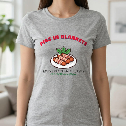 Pigs in Blankets Appreciation Society Christmas Jumper & T-Shirt in Sport Grey (T-Shirt), worn, our photo