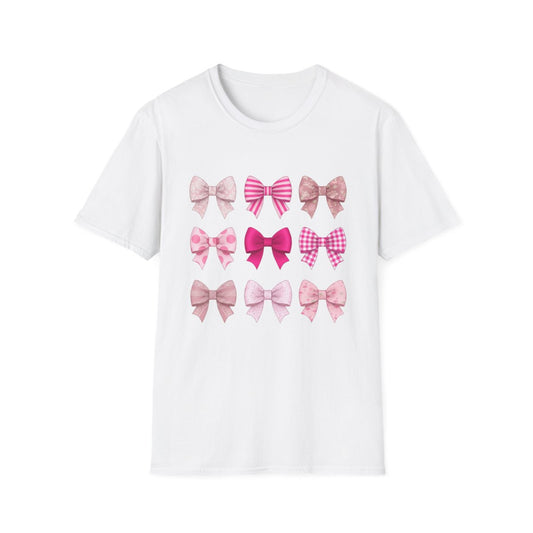 white t-shirt with pink bow graphic print