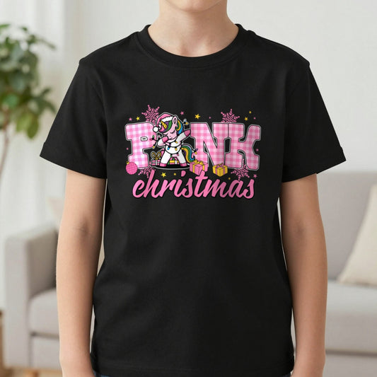 Pink Christmas Unicorn Kids T-Shirt in Black, worn, our photo