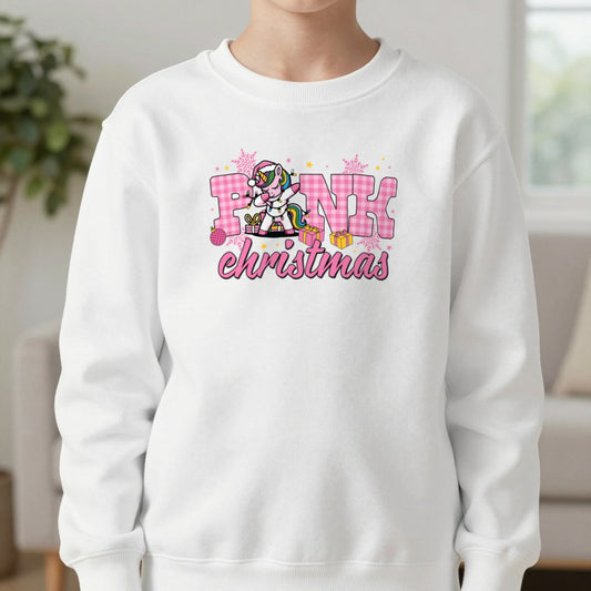 Pink Christmas Unicorn Youth Sweatshirt in White, worn, our photo