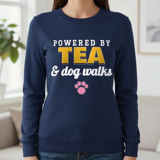 Powered By Tea And Dog Walks Funny Dog T-Shirt & Sweatshirt in Navy (Sweatshirt), worn, our photo