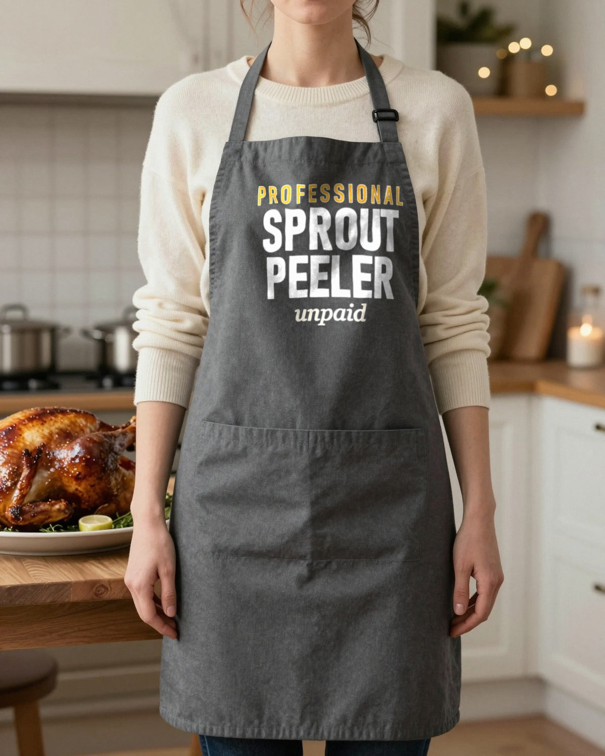 Professional Sprout Peeler Unpaid Christmas apron in Dark Grey, worn, our photo