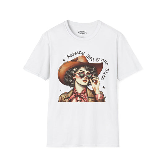 raising hell since birth cowgirl t-shirt white t-shirt cowgirl gift idea