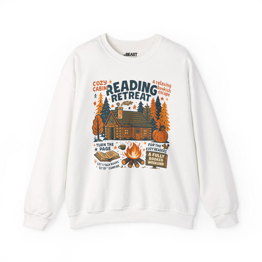 reading retreat cozy cabin sweatshirt white sweatshirt book lover gift idea