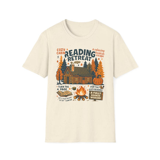 sport grey t-shirt featuring autumn cabin reading graphic