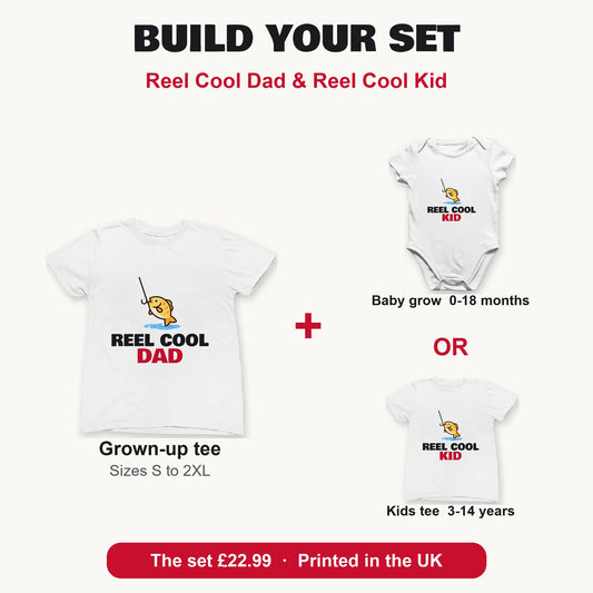 Reel Cool Dad & Reel Cool Kid matching set build your set: grown-up tee with baby grow or kids tee