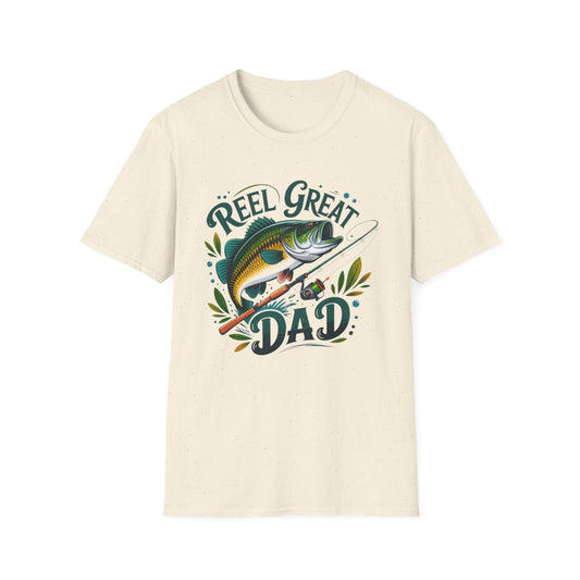 sport grey t-shirt with bold reel great dad angler graphic