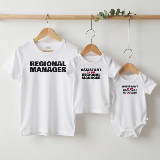 Regional Manager & Assistant grown-up tee, kids tee and baby grow on hangers